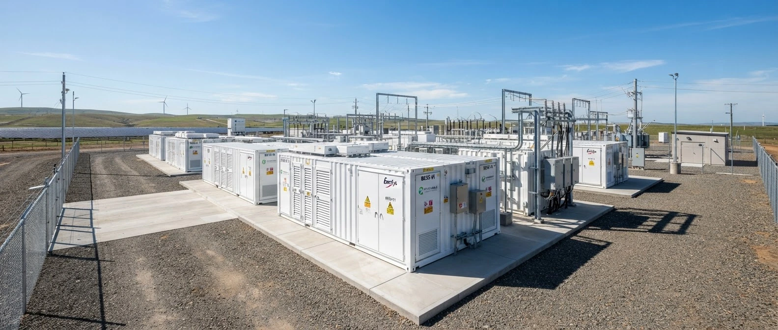Battery energy storage cabinets at an energy site (representative)