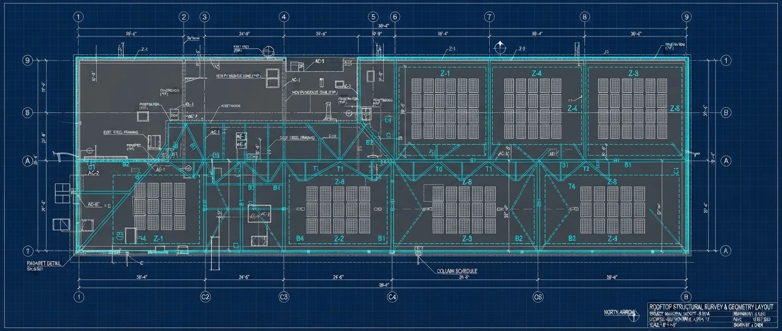 Structural layout drawing for a solar mounting system (illustrative concept)