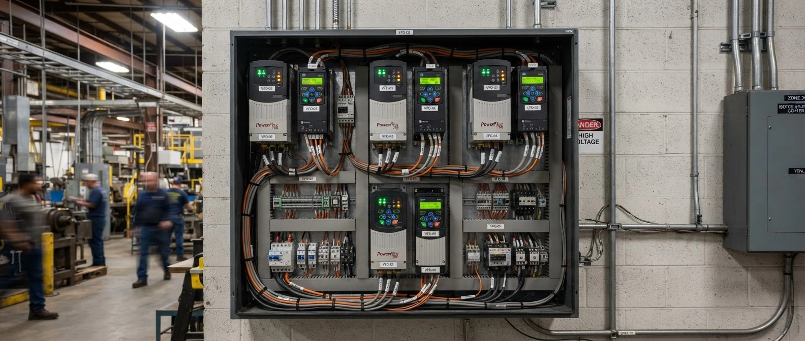 Variable frequency drive panel in a factory (representative)